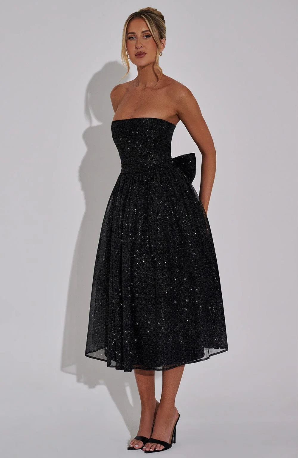 Elegant Black Sparkle Mesh Strapless Midi Dress with Boned Bodice
