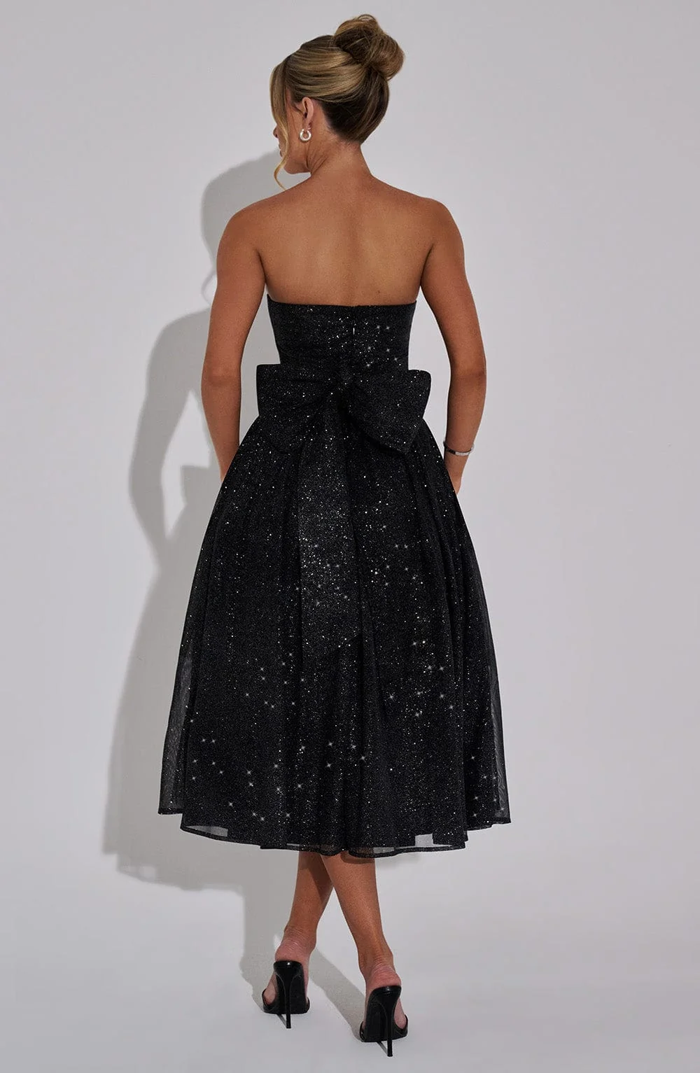 Elegant Black Sparkle Mesh Strapless Midi Dress with Boned Bodice