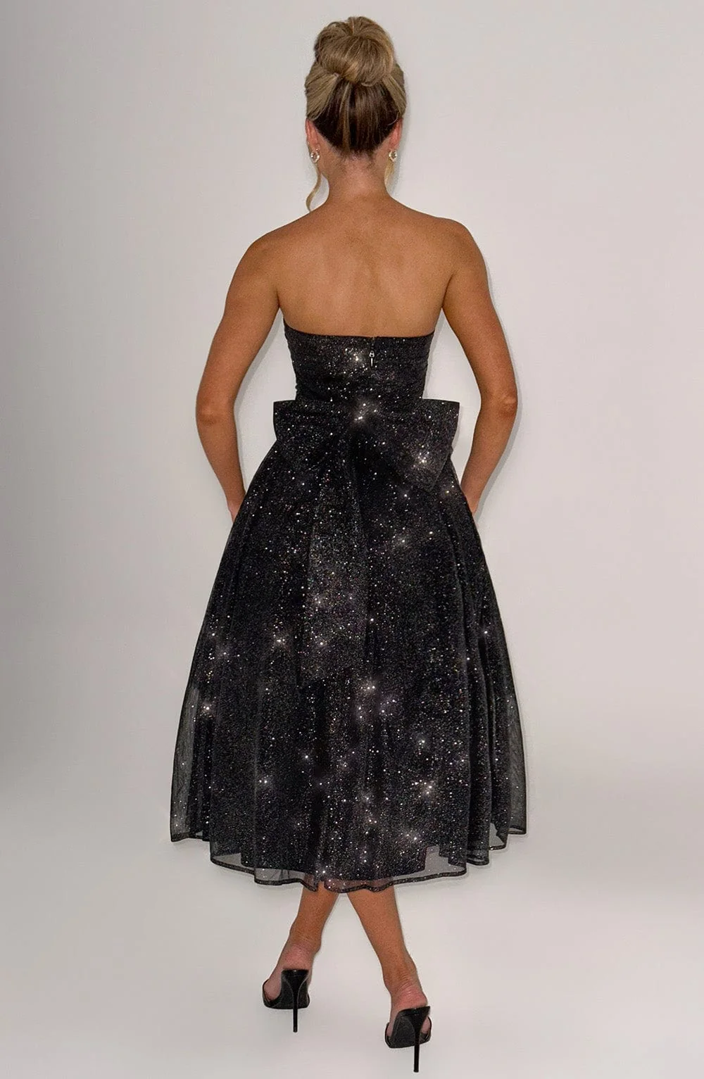 Elegant Black Sparkle Mesh Strapless Midi Dress with Boned Bodice
