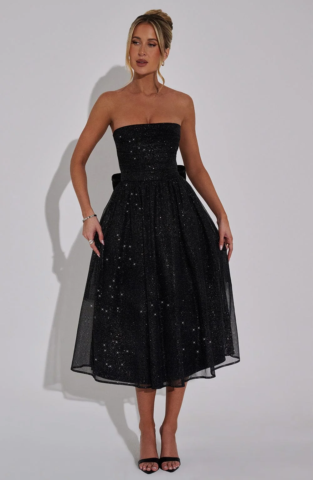 Elegant Black Sparkle Mesh Strapless Midi Dress with Boned Bodice