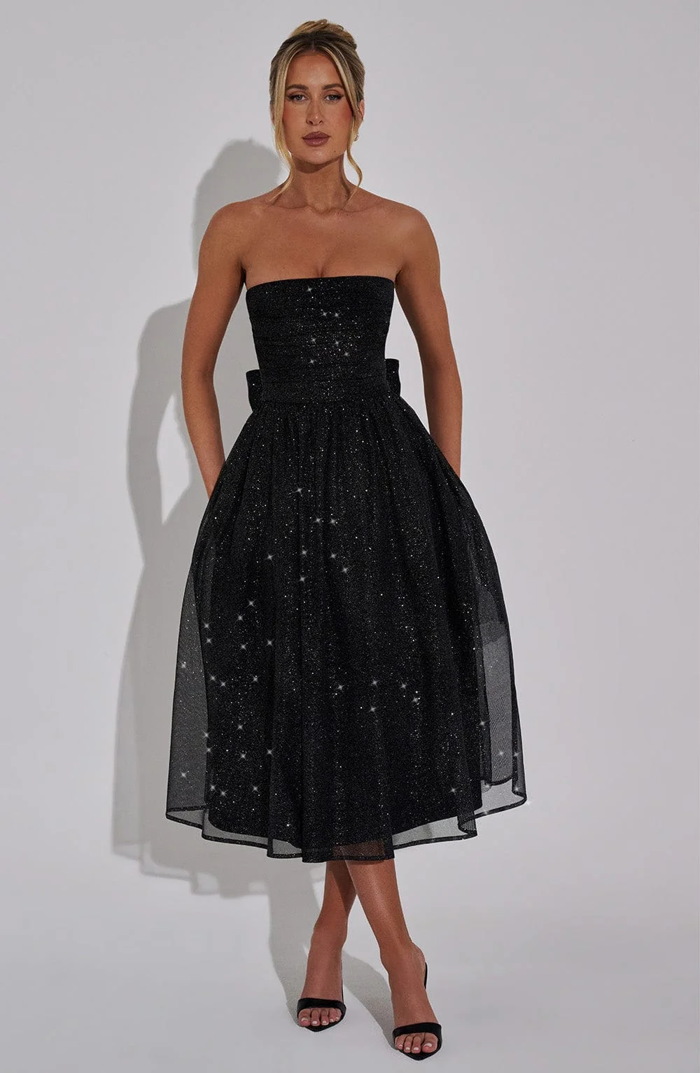 Elegant Black Sparkle Mesh Strapless Midi Dress with Boned Bodice