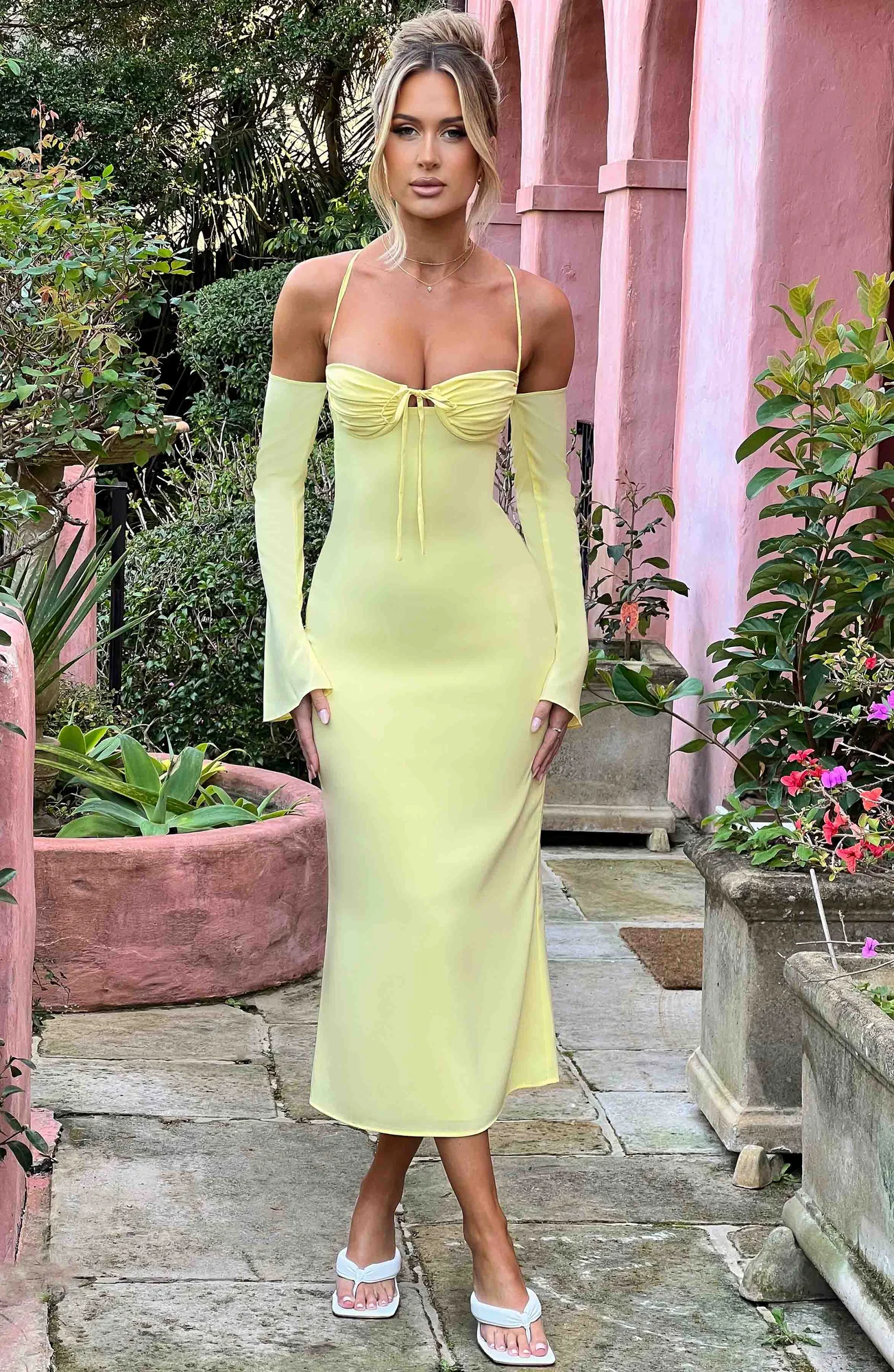 Lemon Bias Cut Chiffon Halter Midi Dress