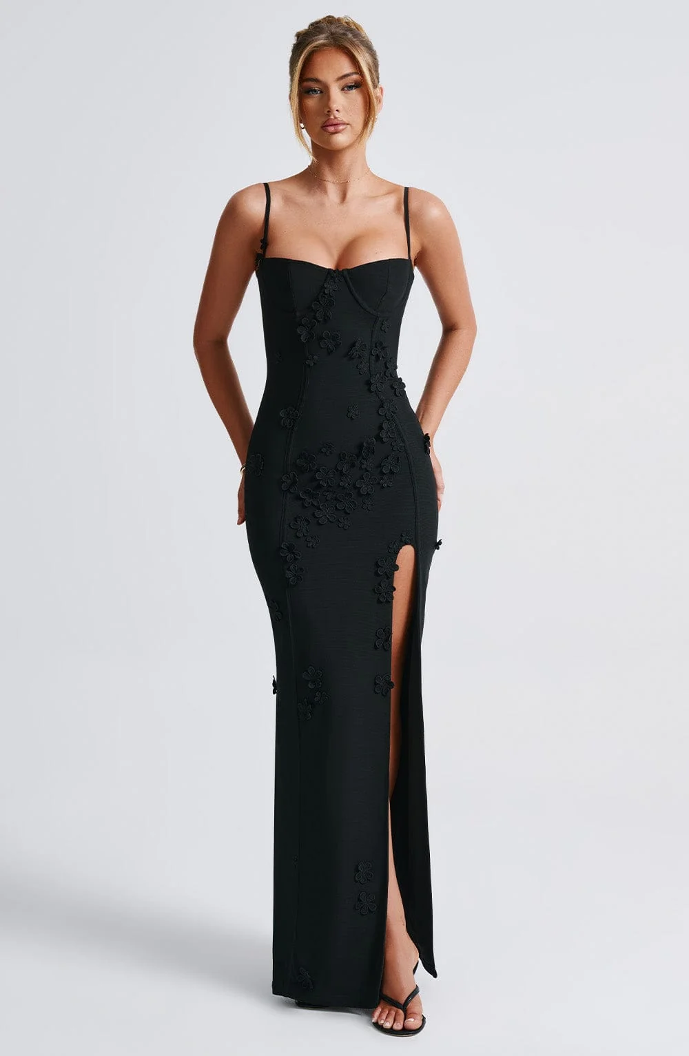 Sheer Mesh Floral Applique Maxi Dress - Elegant Black