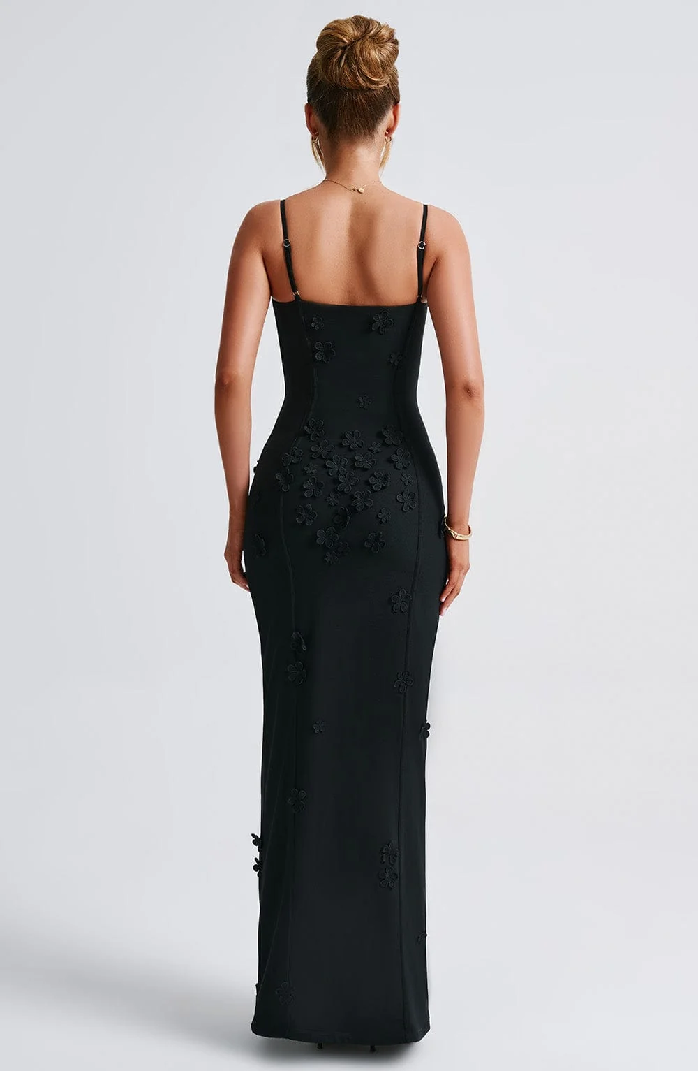 Sheer Mesh Floral Applique Maxi Dress - Elegant Black