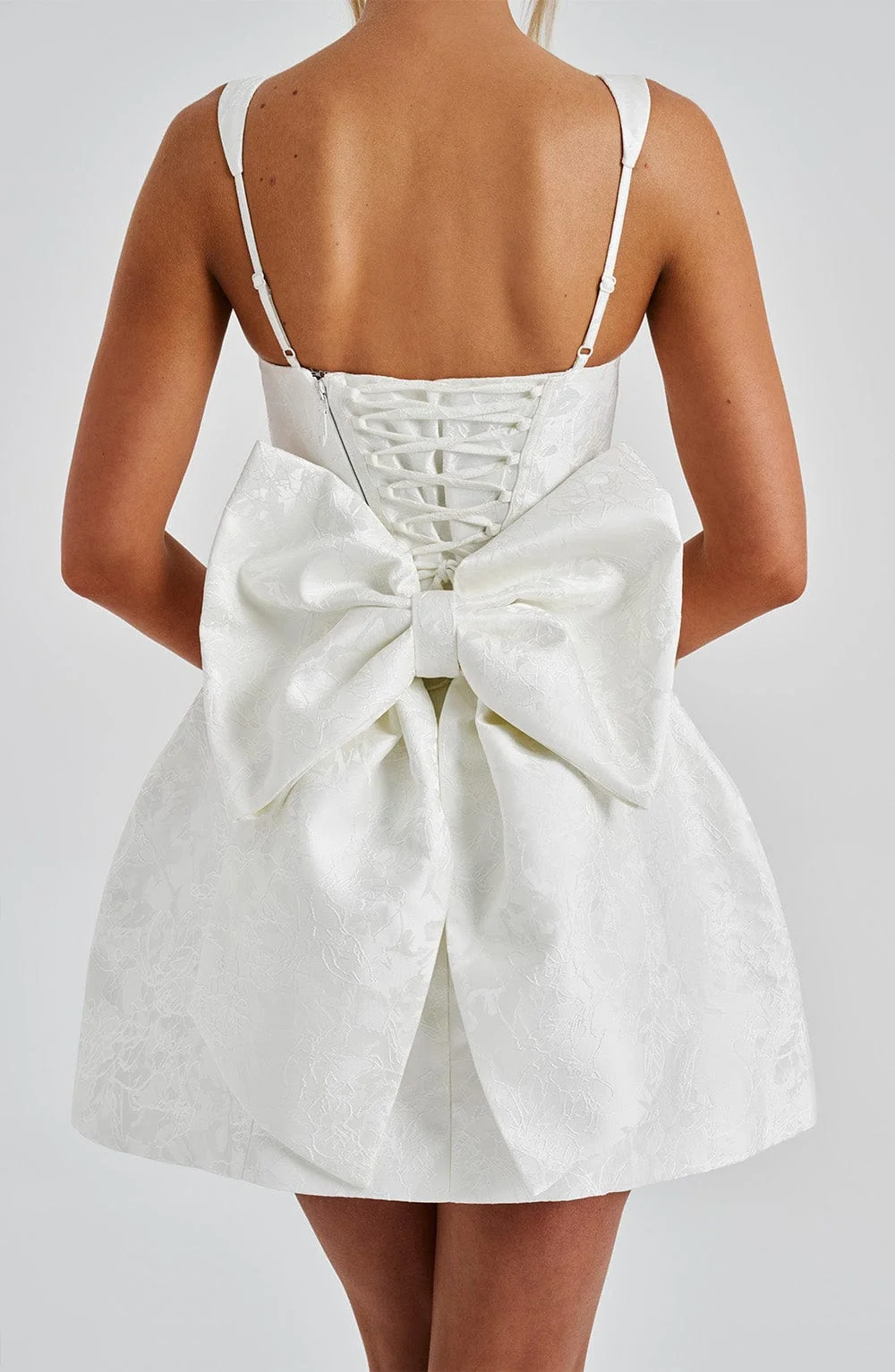 Ivory Floral Jacquard Square Neck Mini Dress with Bow Detail