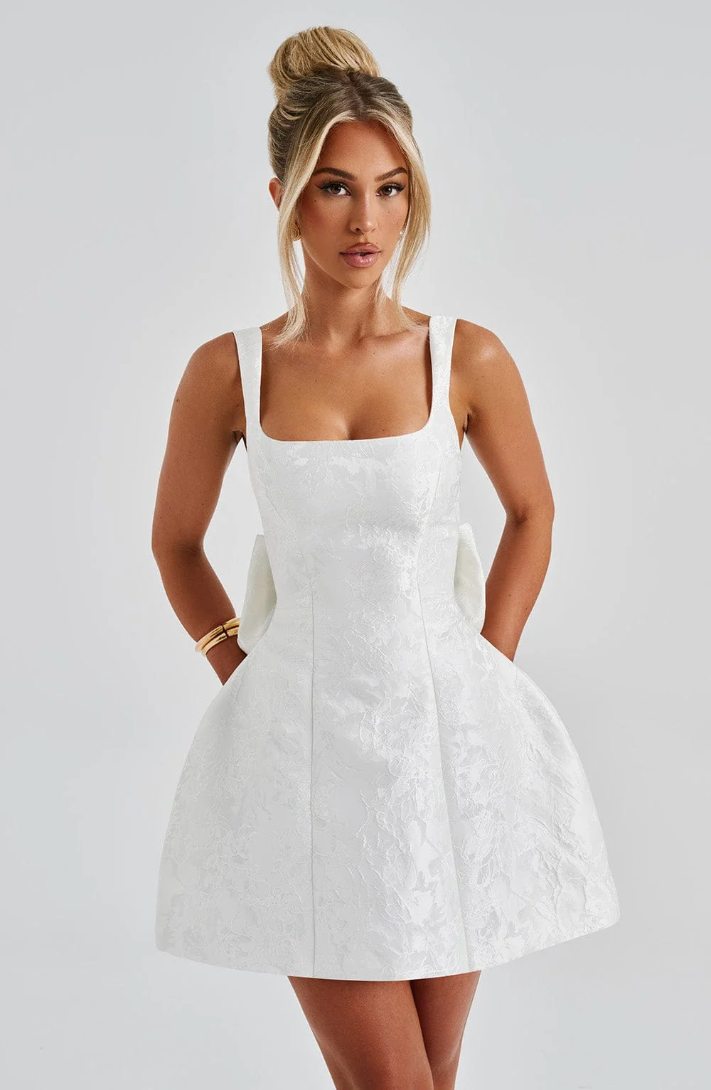 Ivory Floral Jacquard Square Neck Mini Dress with Bow Detail