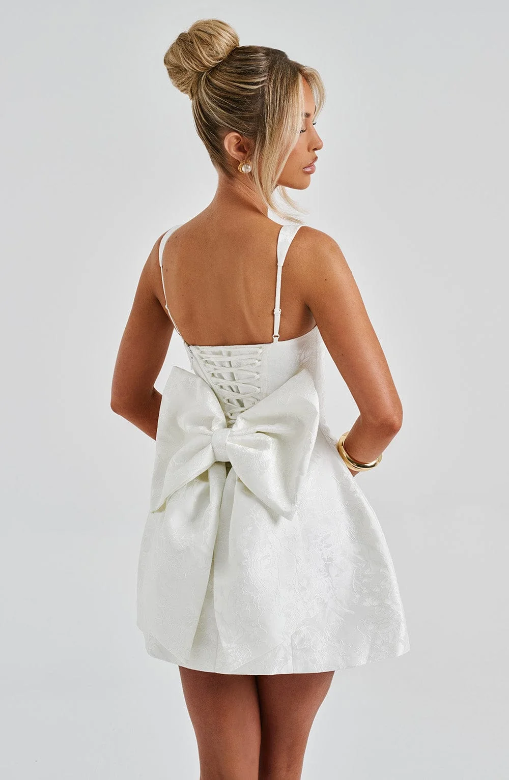 Ivory Floral Jacquard Square Neck Mini Dress with Bow Detail