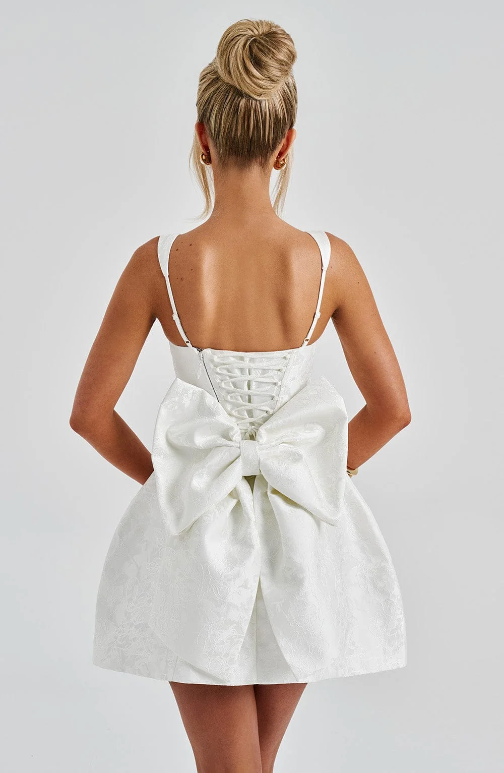 Ivory Floral Jacquard Square Neck Mini Dress with Bow Detail