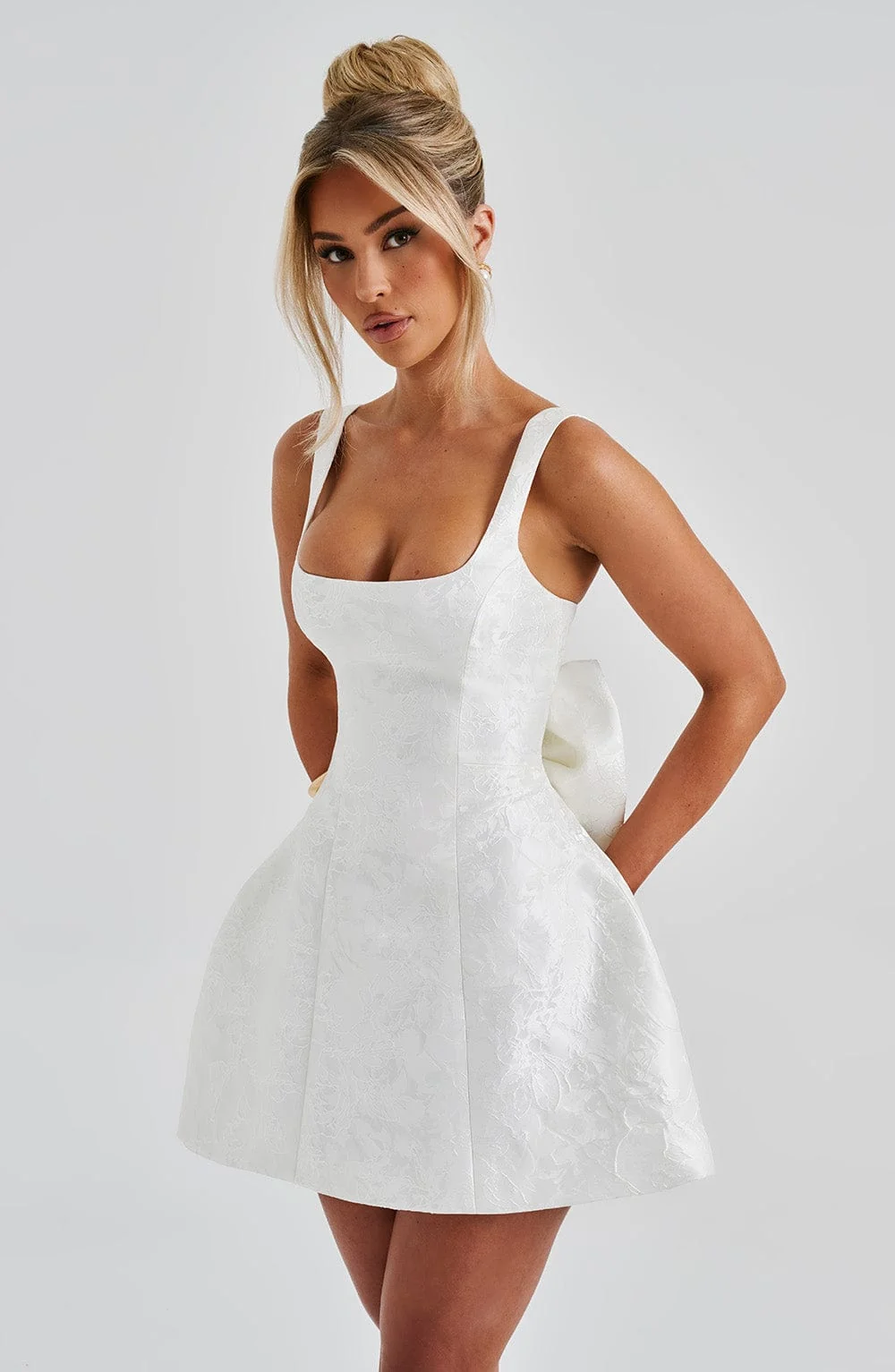 Ivory Floral Jacquard Square Neck Mini Dress with Bow Detail