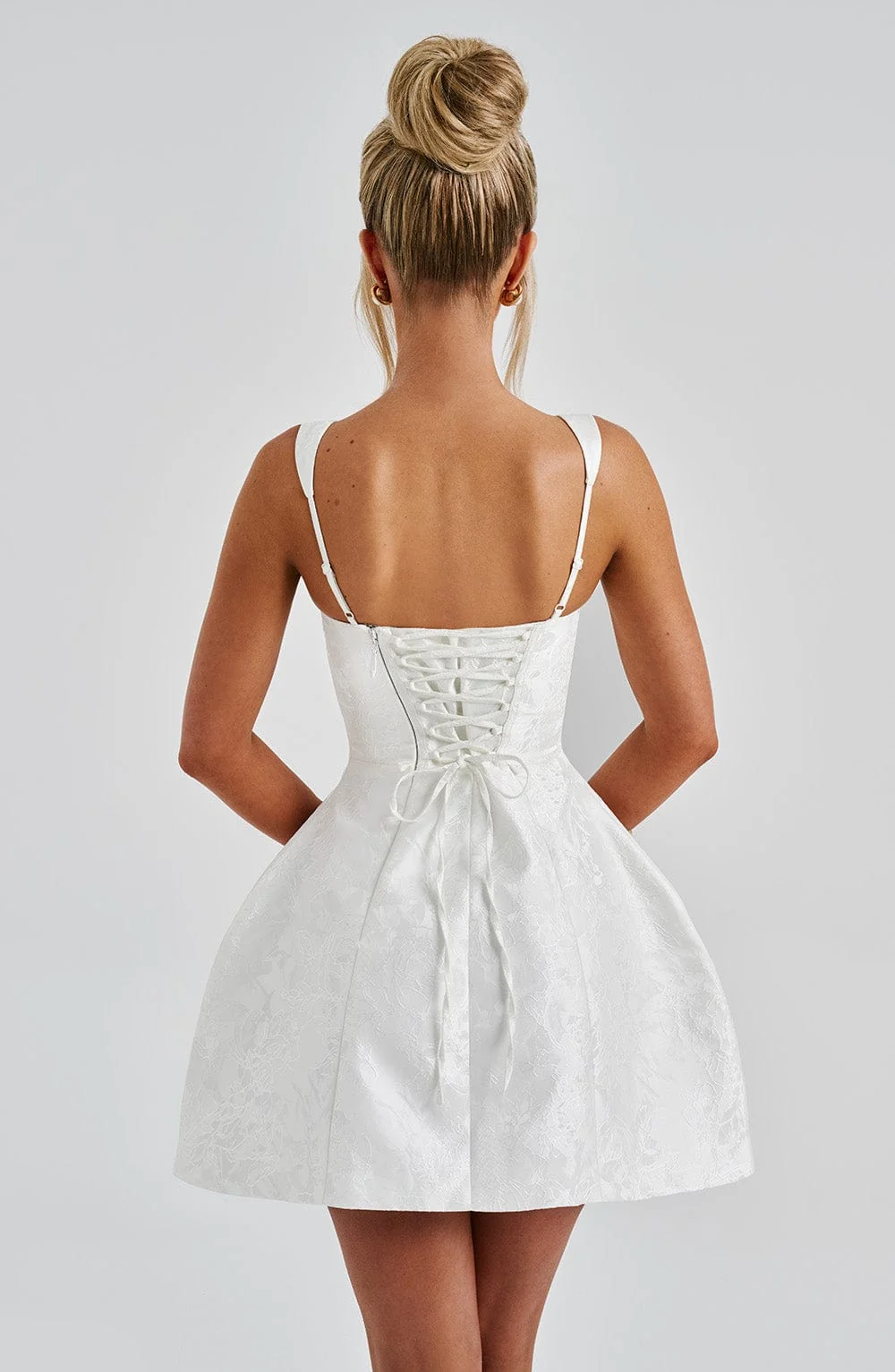 Ivory Floral Jacquard Square Neck Mini Dress with Bow Detail