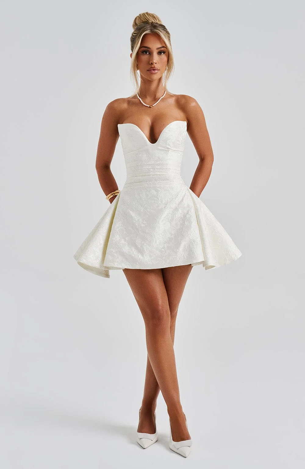 Ivory Jacquard Strapless Playsuit - Elegant Mini Length Design