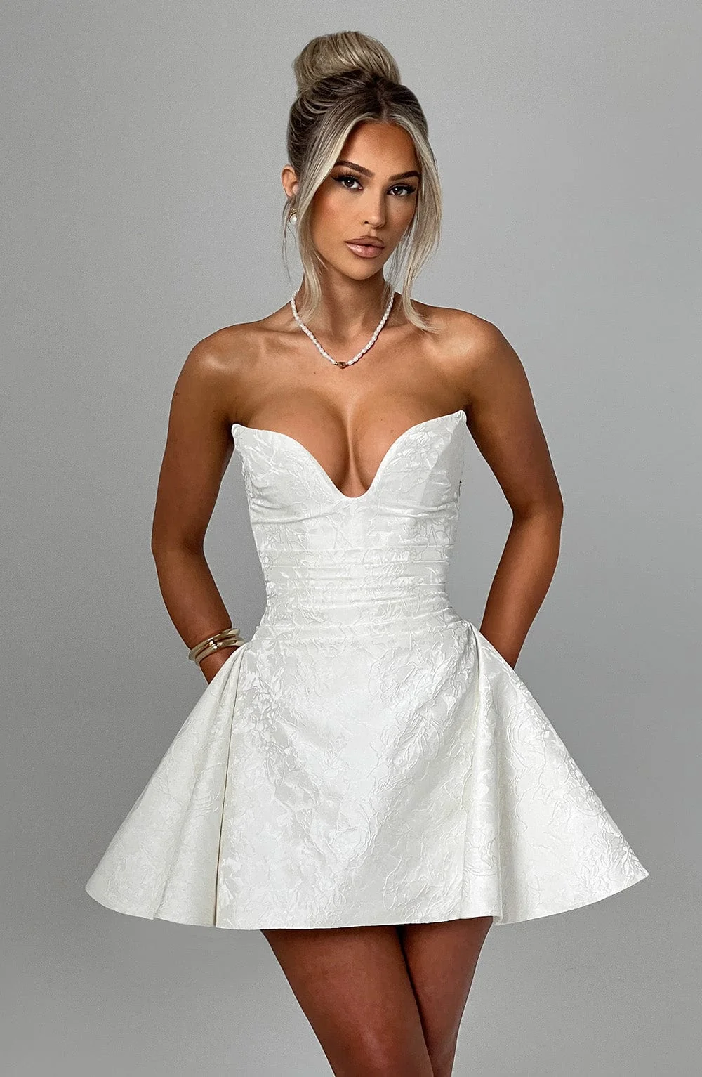 Ivory Jacquard Strapless Playsuit - Elegant Mini Length Design