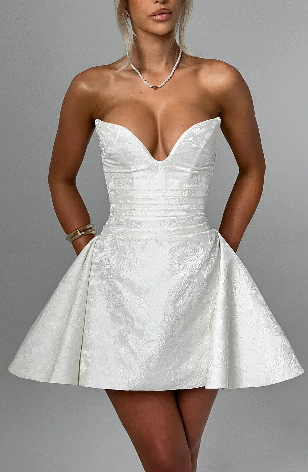 Ivory Jacquard Strapless Playsuit - Elegant Mini Length Design