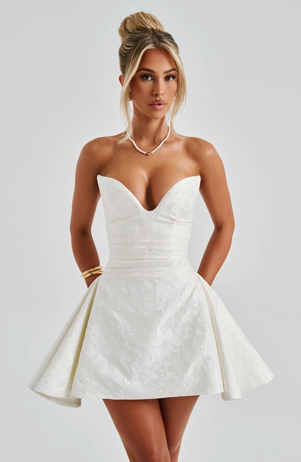 Ivory Jacquard Strapless Playsuit - Elegant Mini Length Design