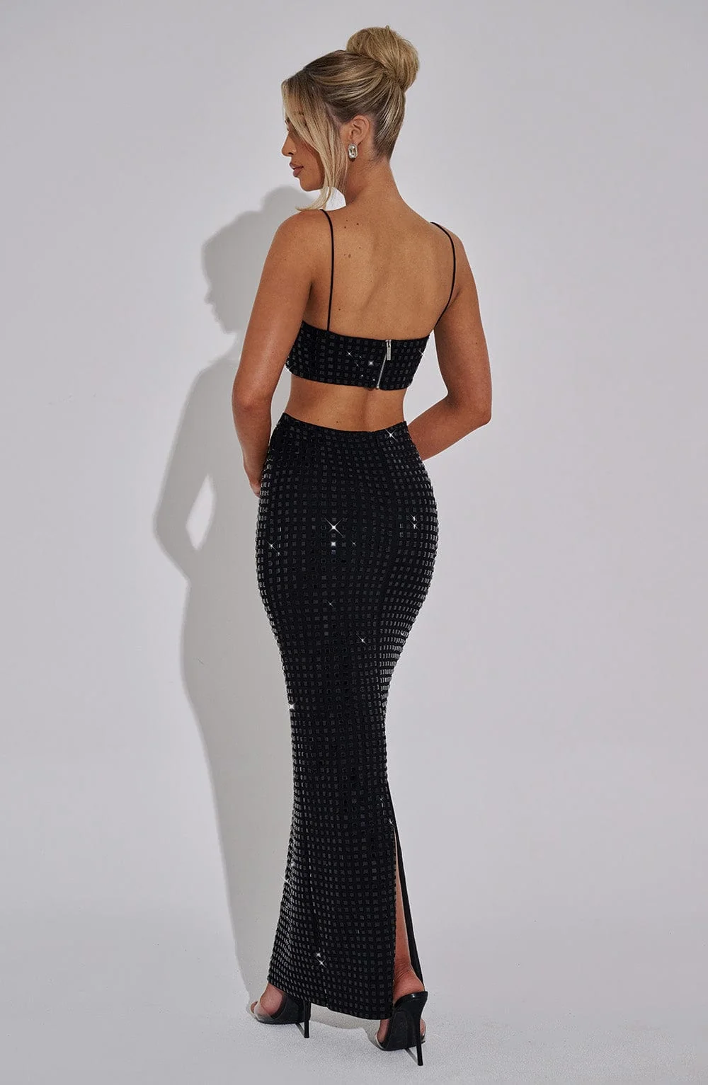 Black Mesh Rhinestone Maxi Skirt