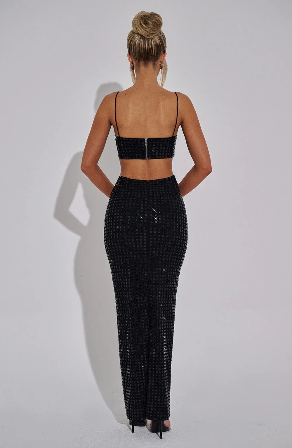 Black Mesh Rhinestone Maxi Skirt