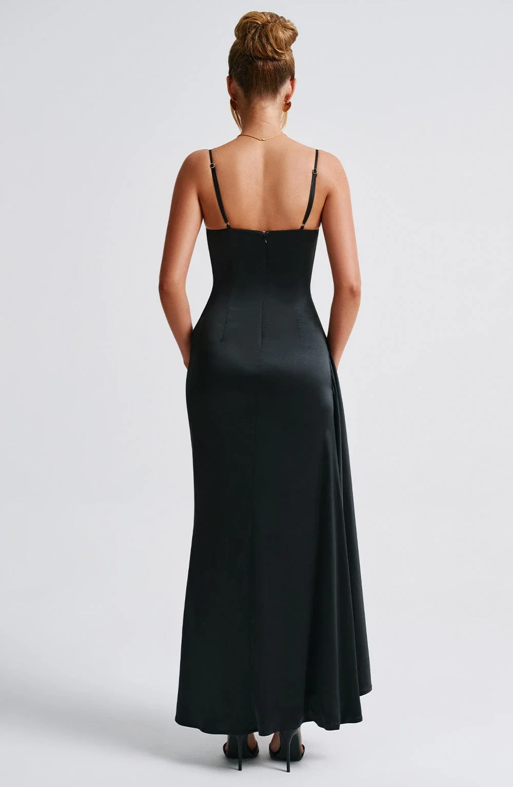 Black Stretch Satin Evening Maxi Dress with Cowl Neckline