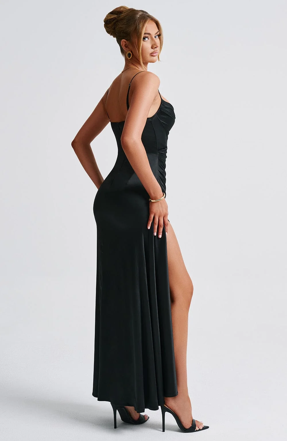 Black Stretch Satin Evening Maxi Dress with Cowl Neckline