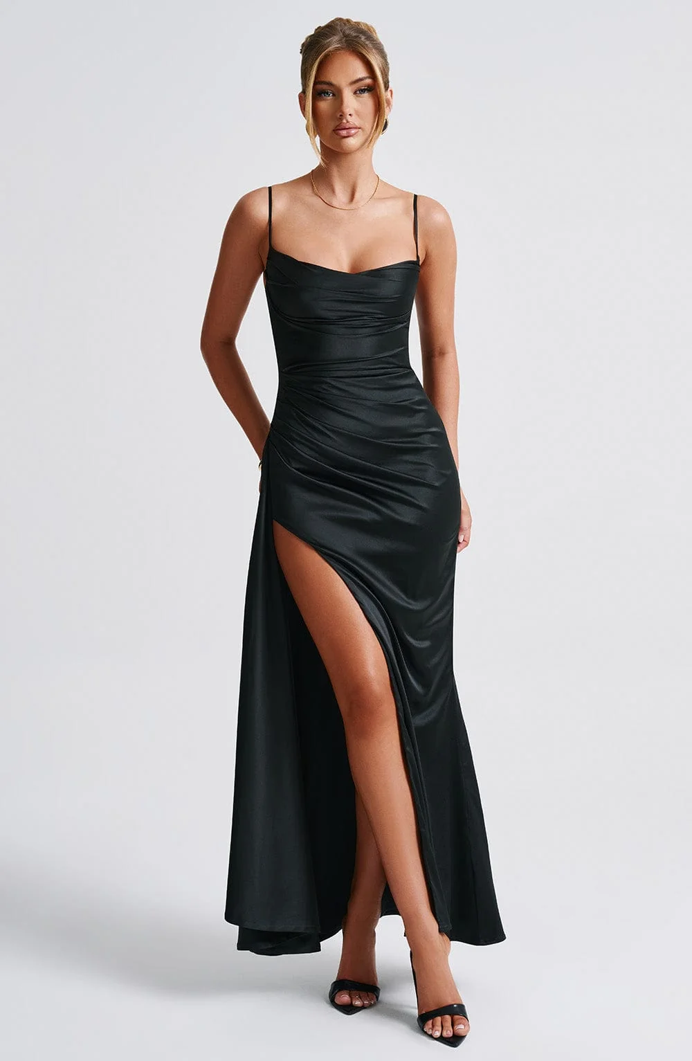 Black Stretch Satin Evening Maxi Dress with Cowl Neckline