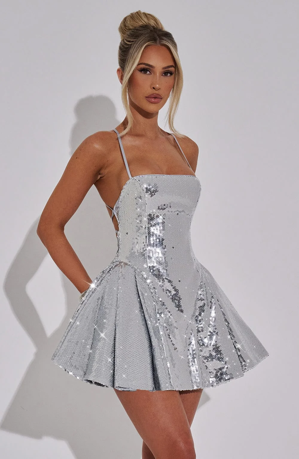 Silver Mirror Sequin Mini Dress with Cross Straps and Lace Up Back