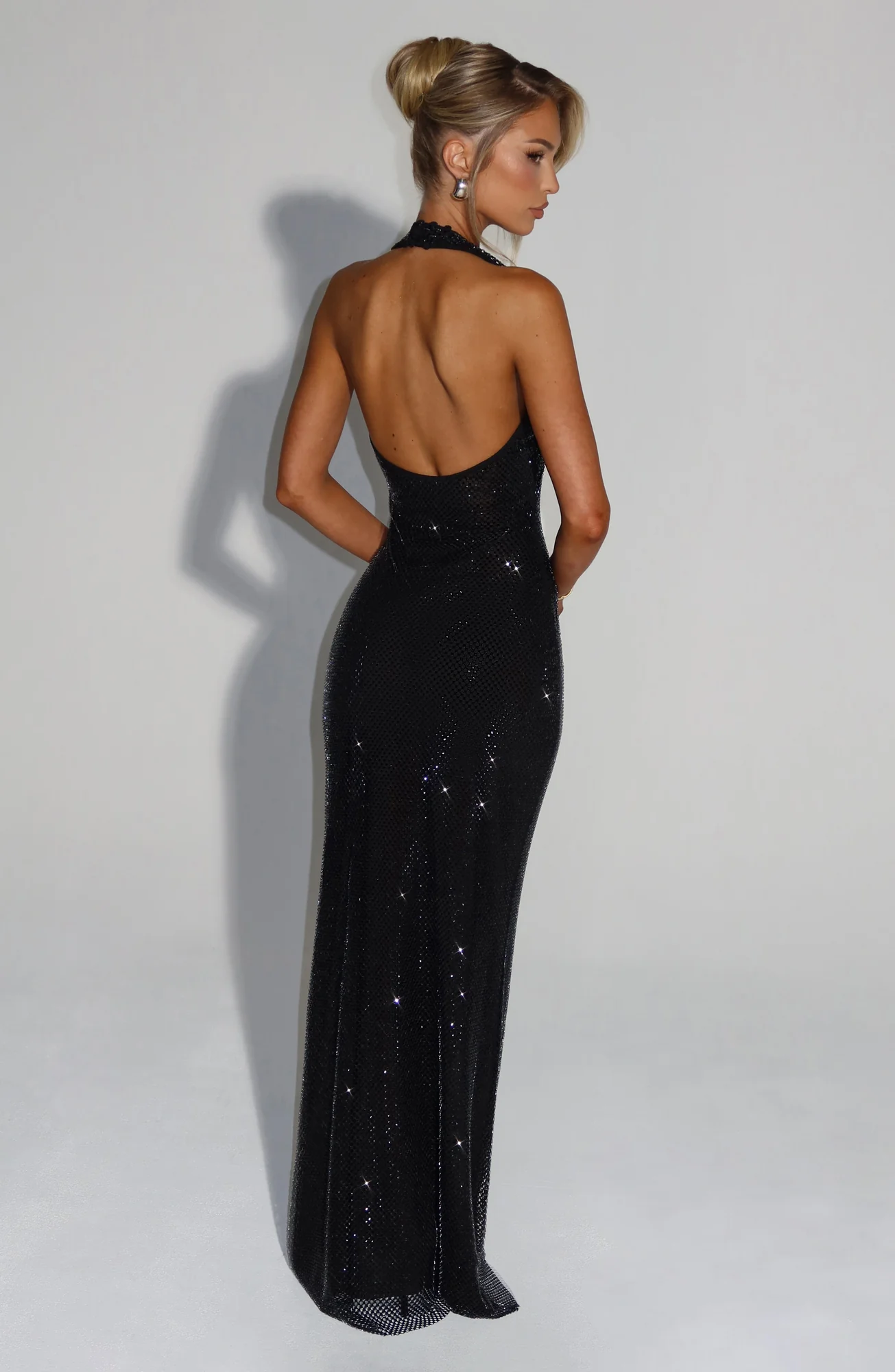 Elegant Black Halter Neck Maxi Dress with Rhinestone Embellishments