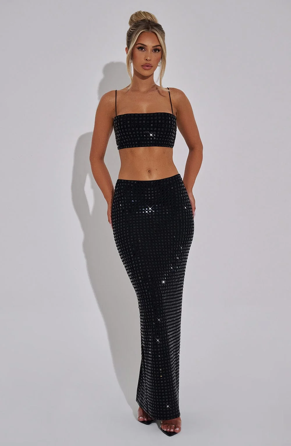Black Mesh Dimity Rhinestone Embellished Crop Top