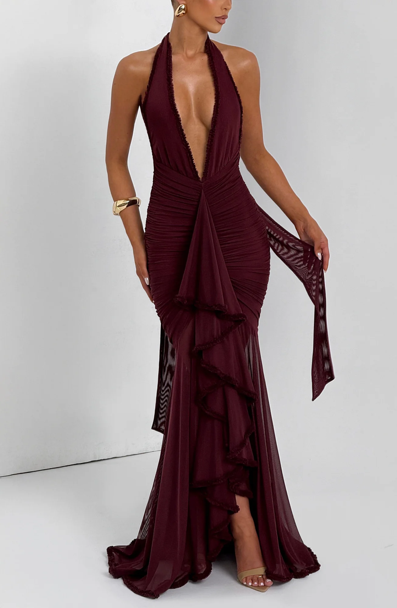 Cherry Lacquer Maxi Dress - Elegant Stretch Mesh Design