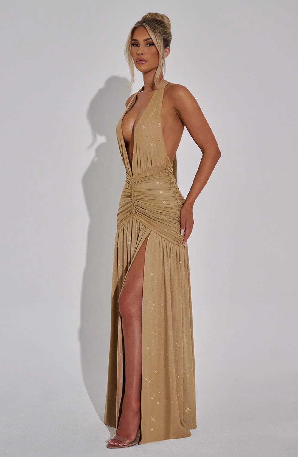 Gold Sparkle Halter Maxi Dress - Elegant Evening Wear