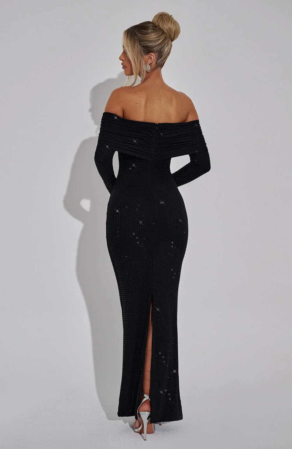 Black Foldover Bardot Maxi Dress with Rhinestones