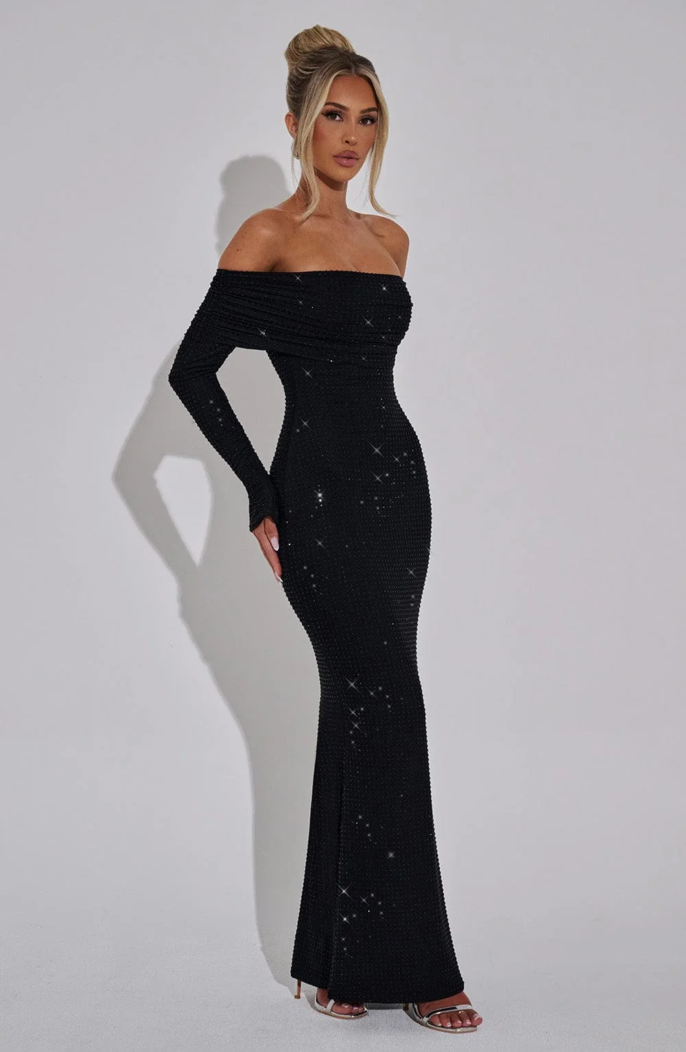 Black Foldover Bardot Maxi Dress with Rhinestones