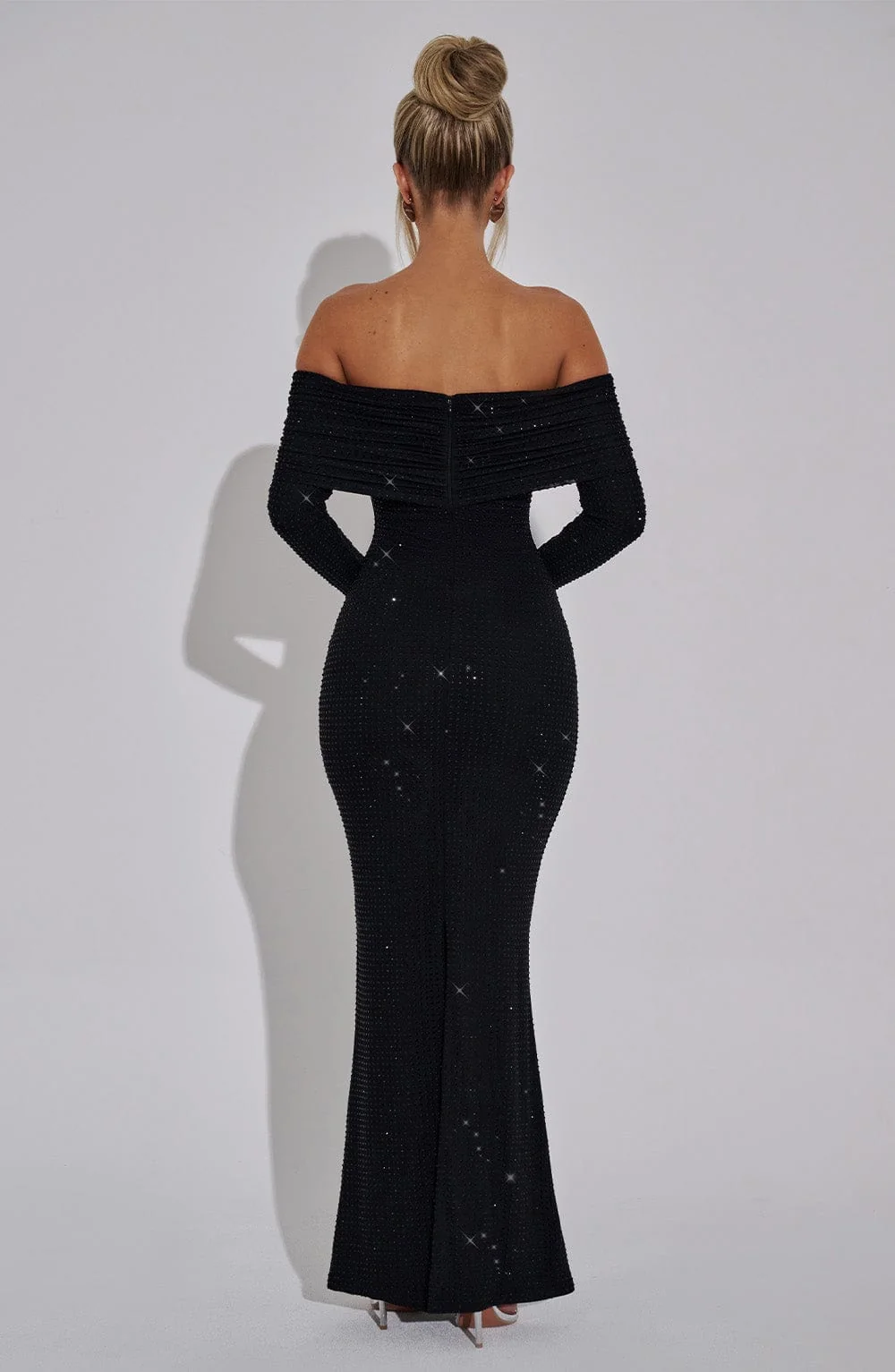Black Foldover Bardot Maxi Dress with Rhinestones