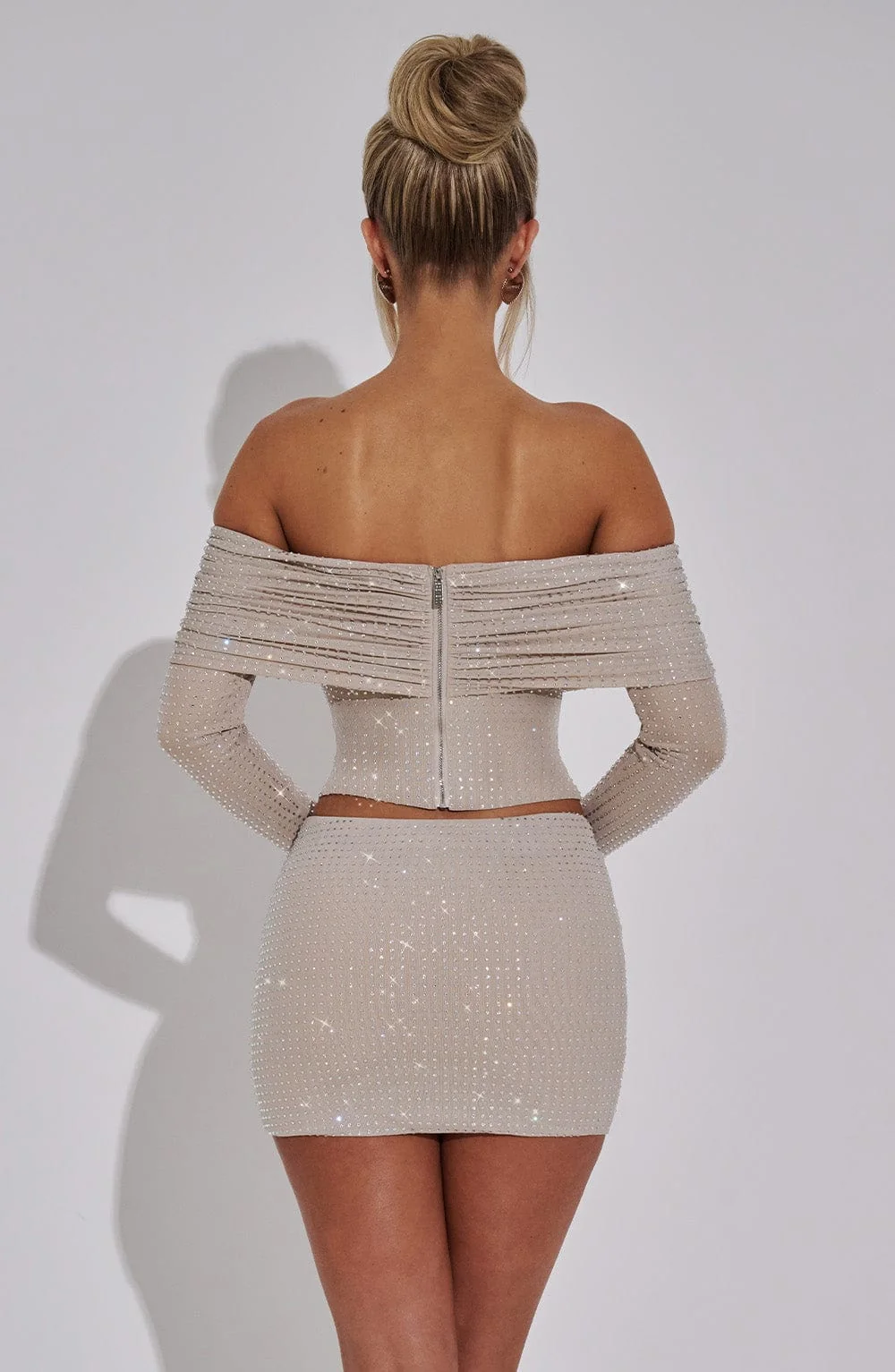 Nude Hotfix Rhinestone Mesh Top with Bardot Neckline