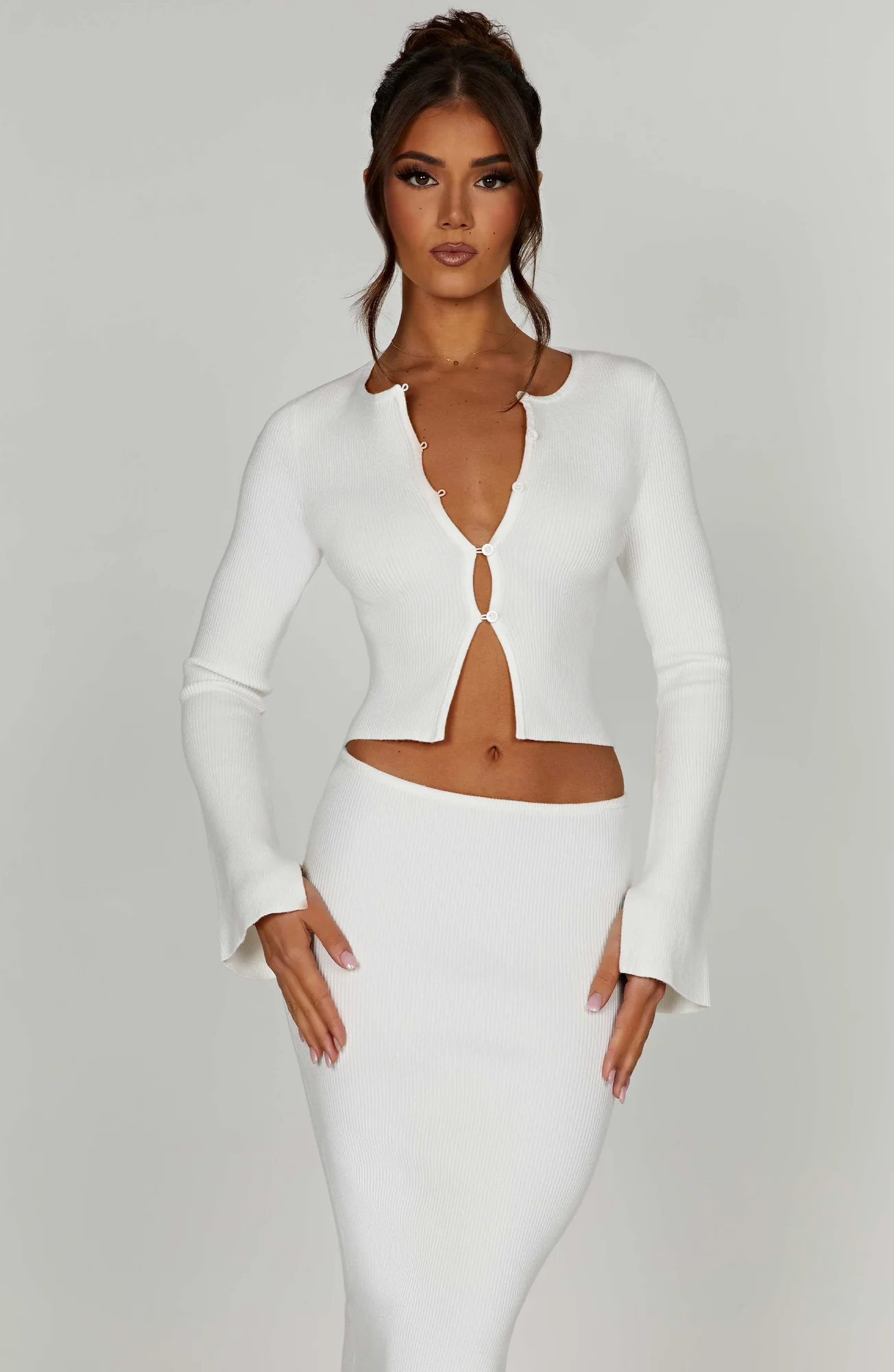 White Ribbed Knit Cardigan - Button Front Long Sleeve Crop Top