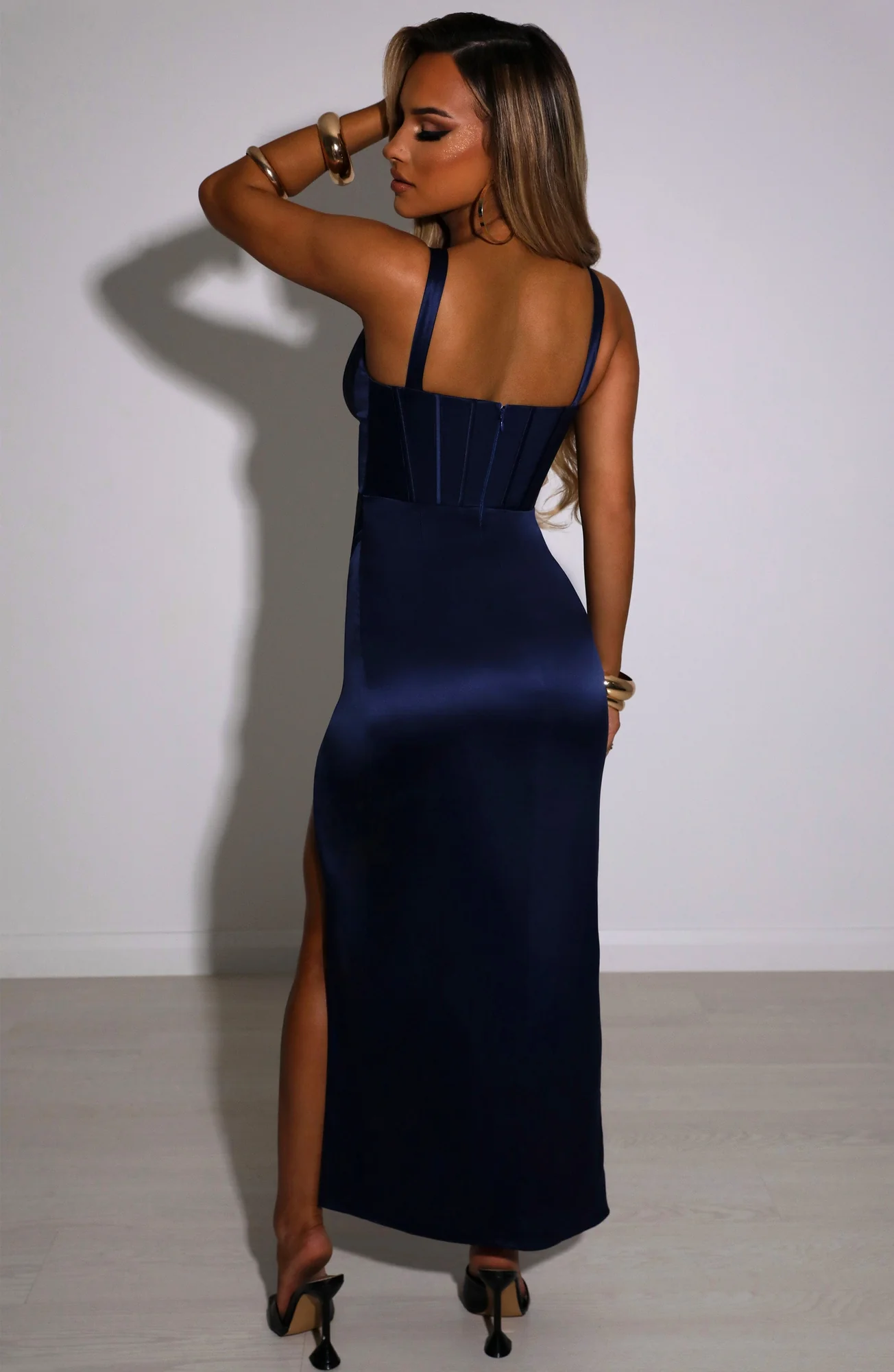 Navy Satin Strapless Maxi Dress - Formal Evening Prom Wedding Guest Attire