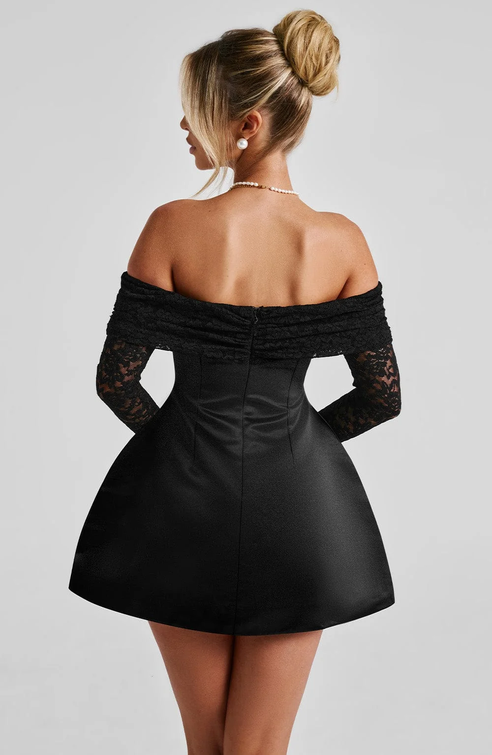 Black Satin Lace Sleeve Mini Dress - Elegant Flare Design