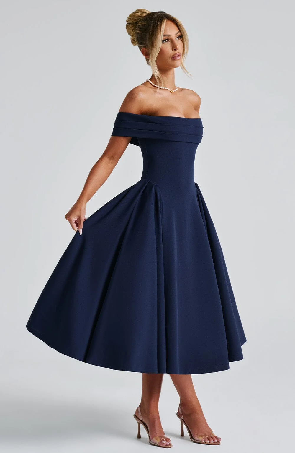 Navy Bardot Neckline Pleated Midi Dress with Voluminous Panels