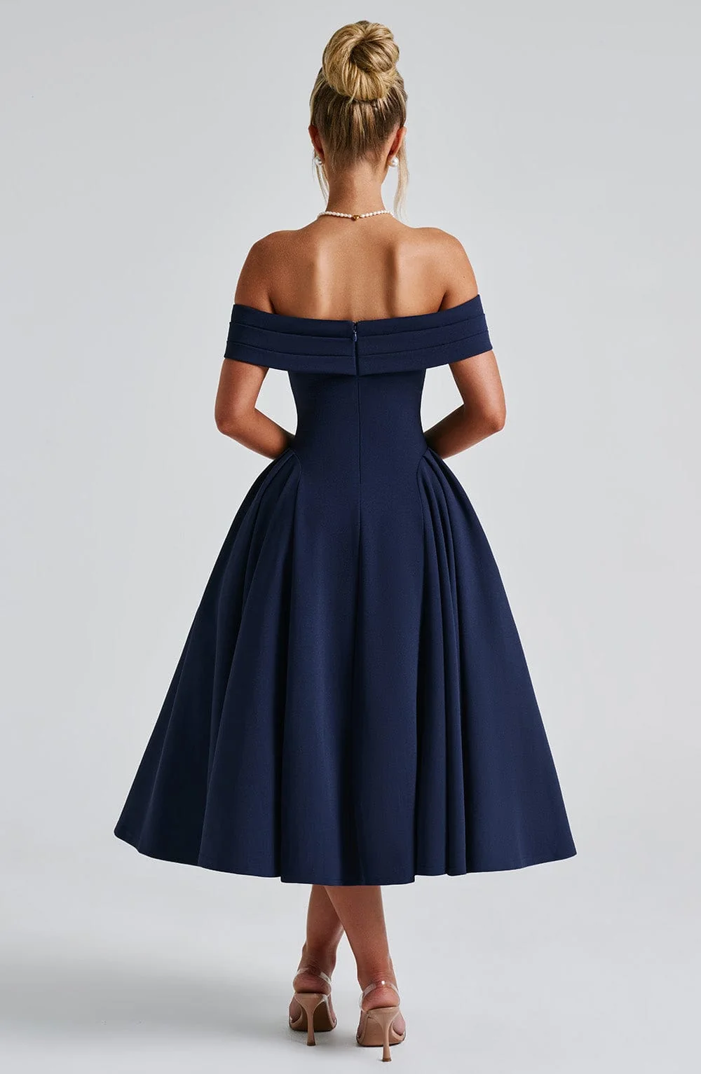 Navy Bardot Neckline Pleated Midi Dress with Voluminous Panels