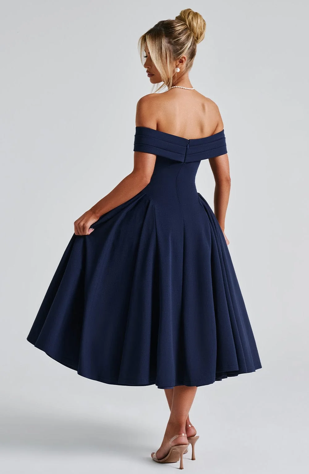 Navy Bardot Neckline Pleated Midi Dress with Voluminous Panels