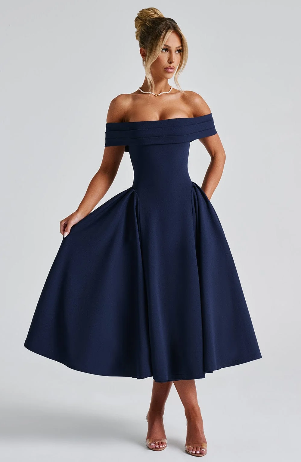 Navy Bardot Neckline Pleated Midi Dress with Voluminous Panels