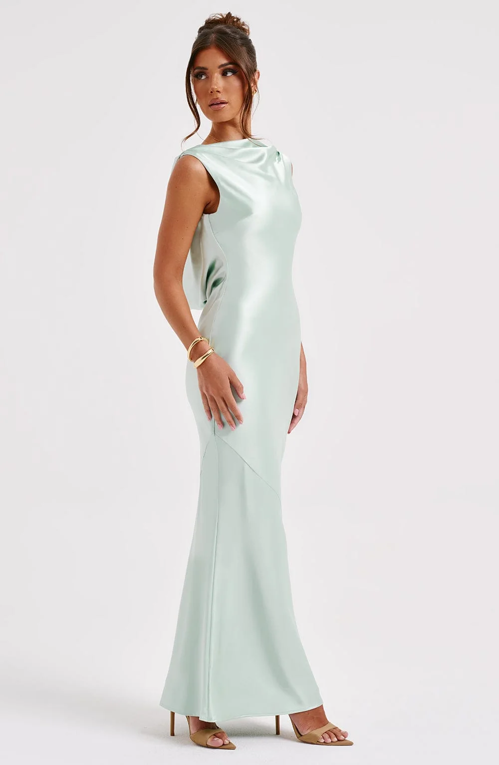 Turquoise Satin Maxi Dress with Cut Out Back