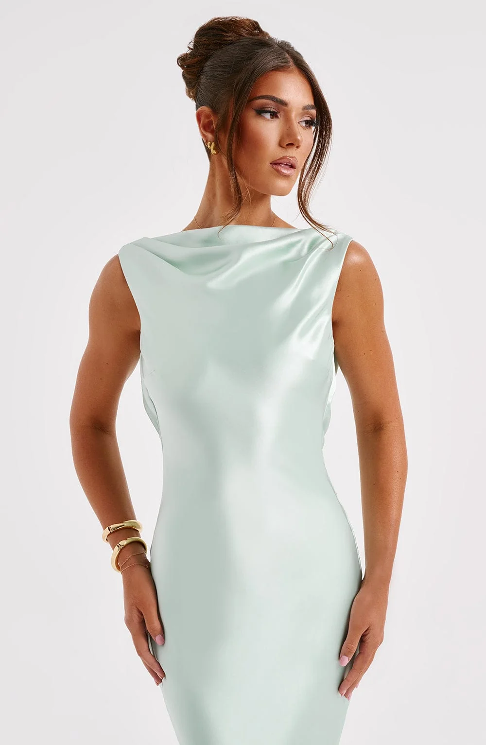 Turquoise Satin Maxi Dress with Cut Out Back