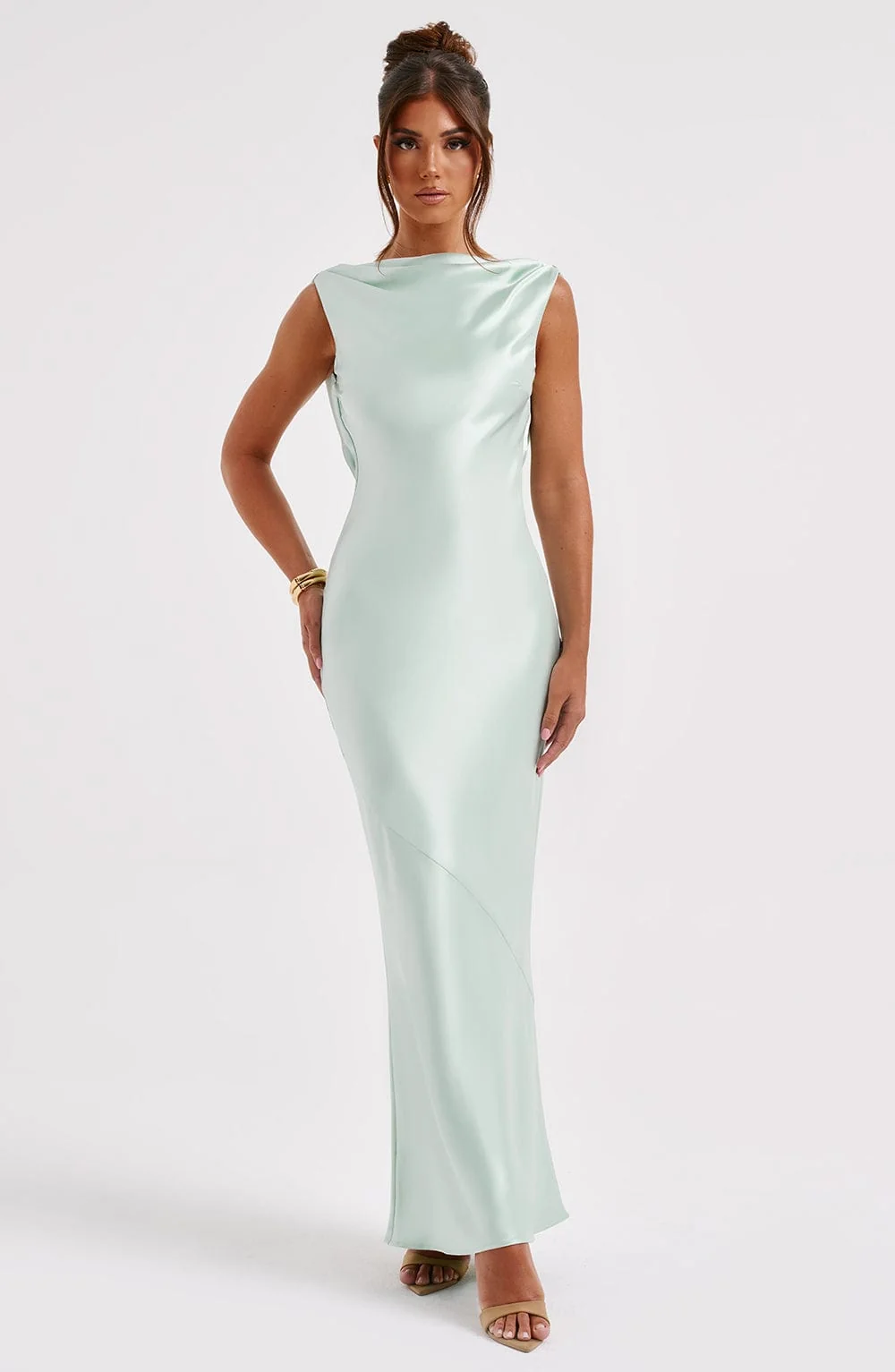 Turquoise Satin Maxi Dress with Cut Out Back