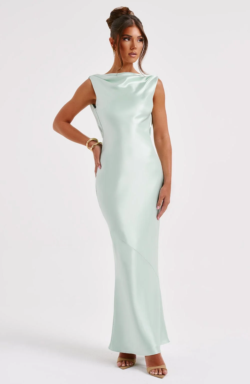 Turquoise Satin Maxi Dress with Cut Out Back
