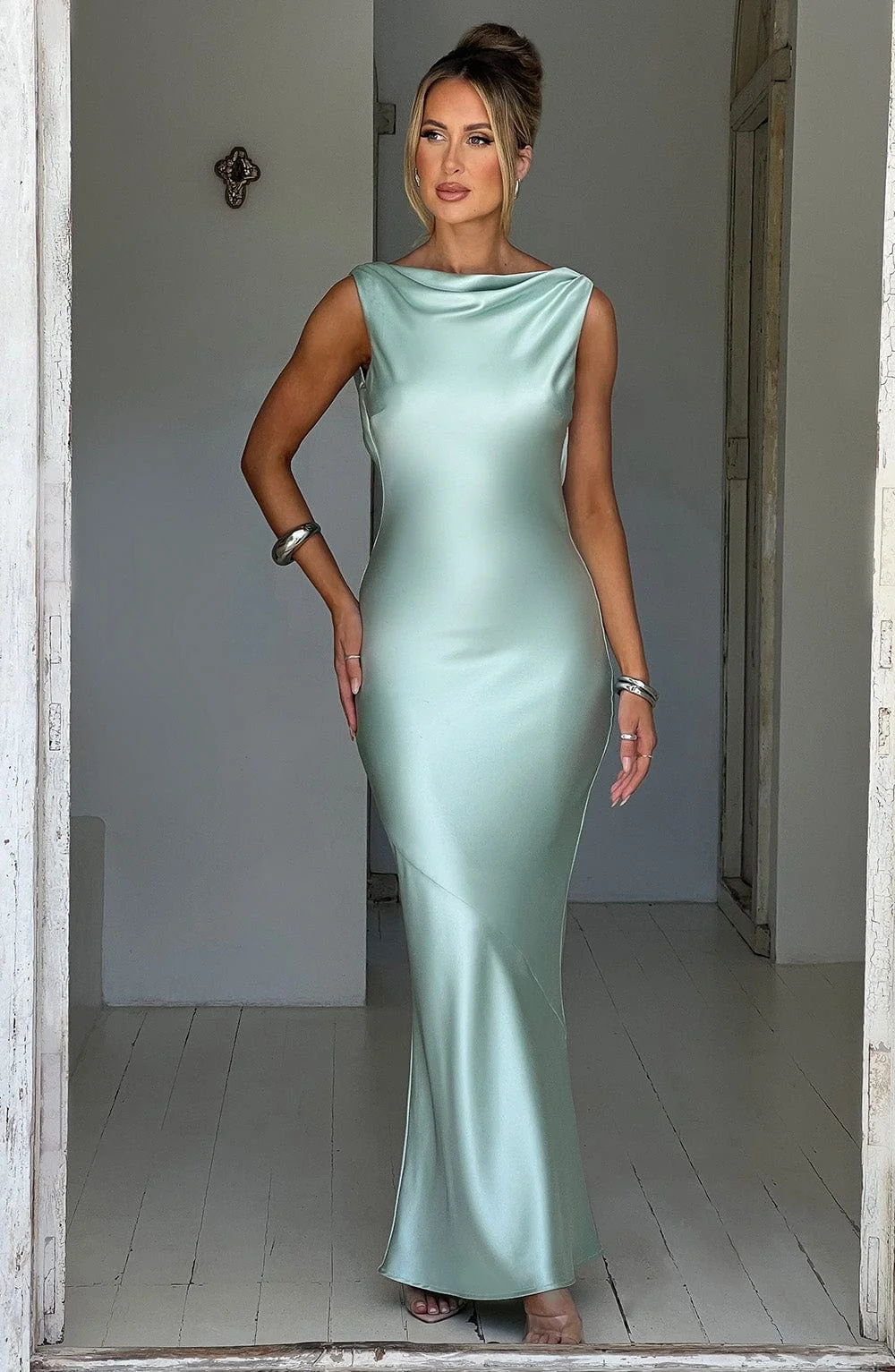 Turquoise Satin Maxi Dress with Cut Out Back