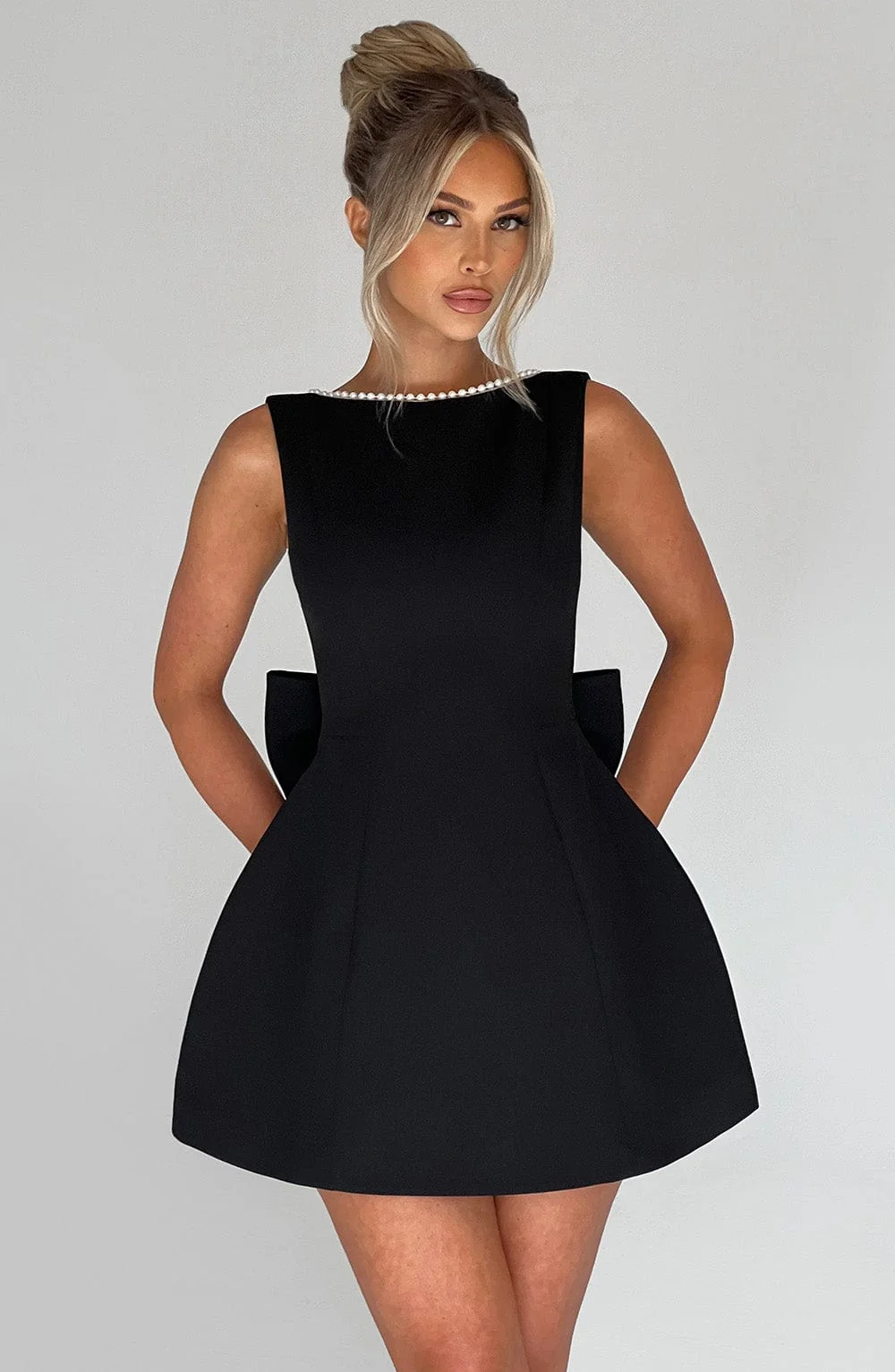 Black Crepe Mini Dress with Pearl Embellishments