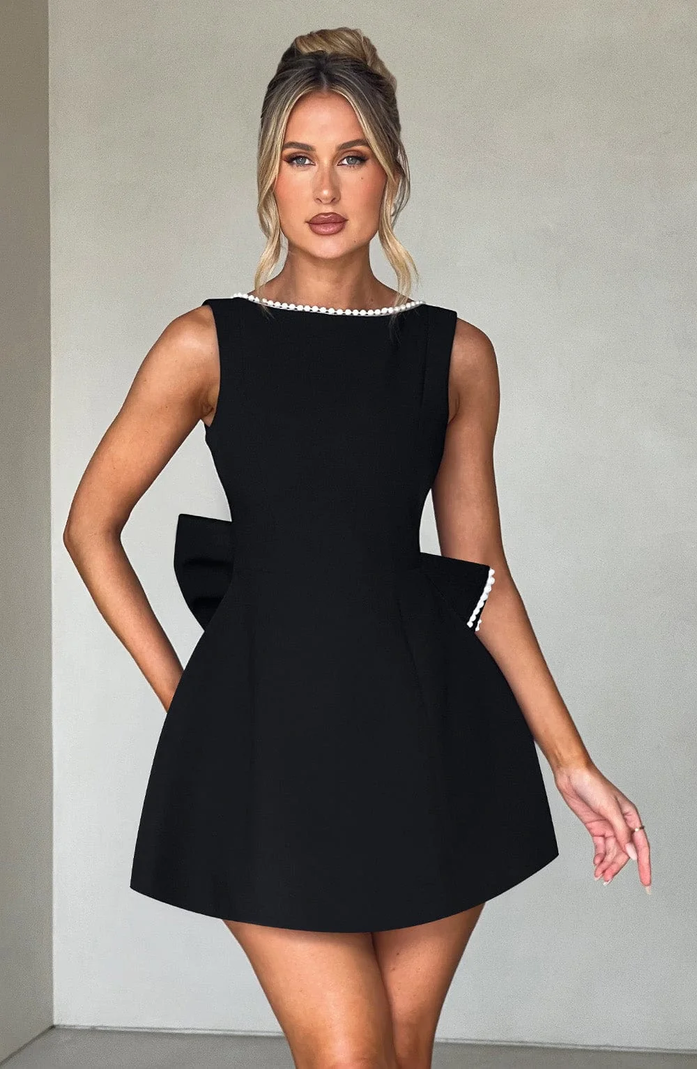 Black Crepe Mini Dress with Pearl Embellishments