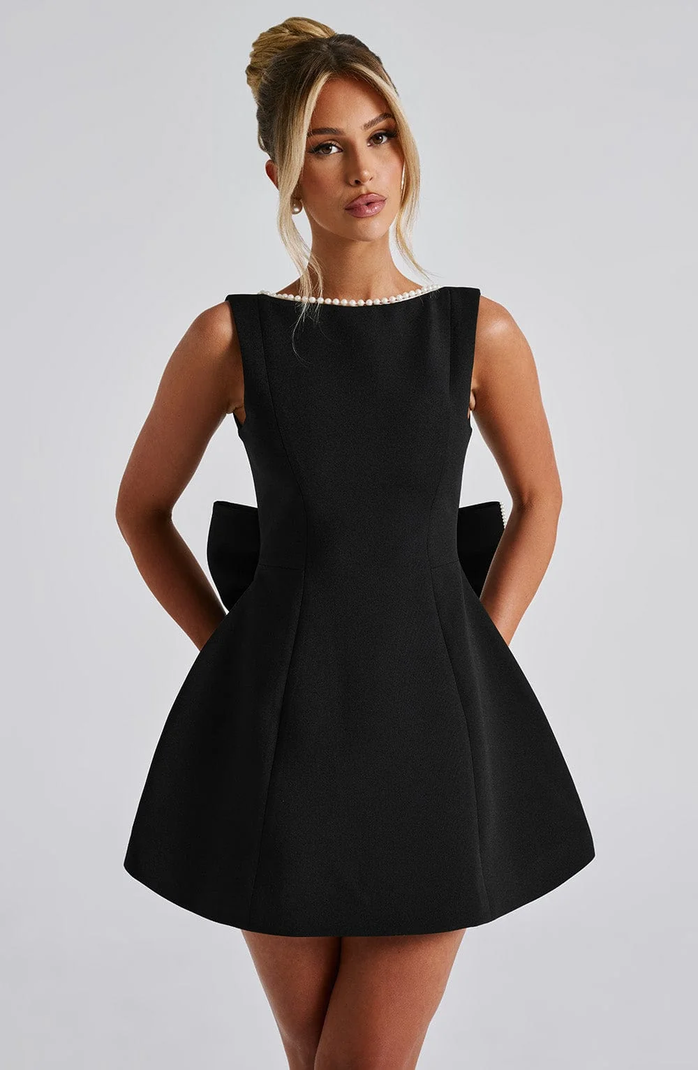 Black Crepe Mini Dress with Pearl Embellishments