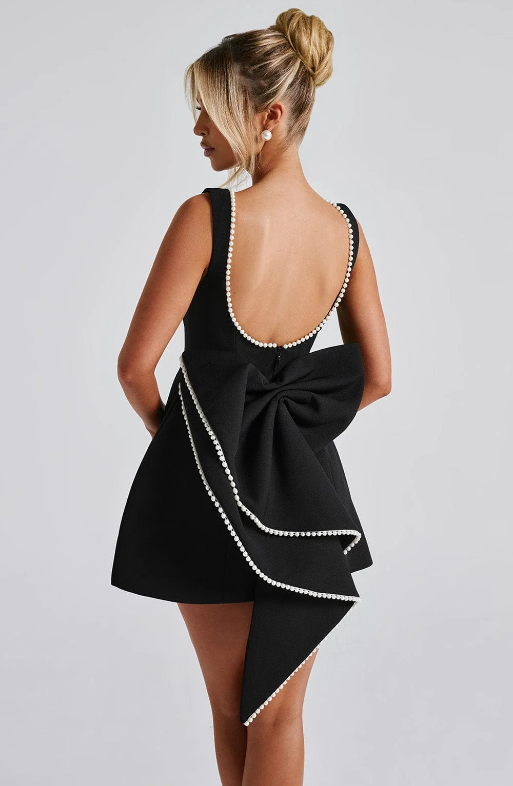 Black Crepe Mini Dress with Pearl Embellishments