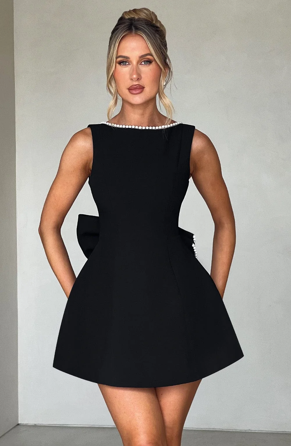 Black Crepe Mini Dress with Pearl Embellishments