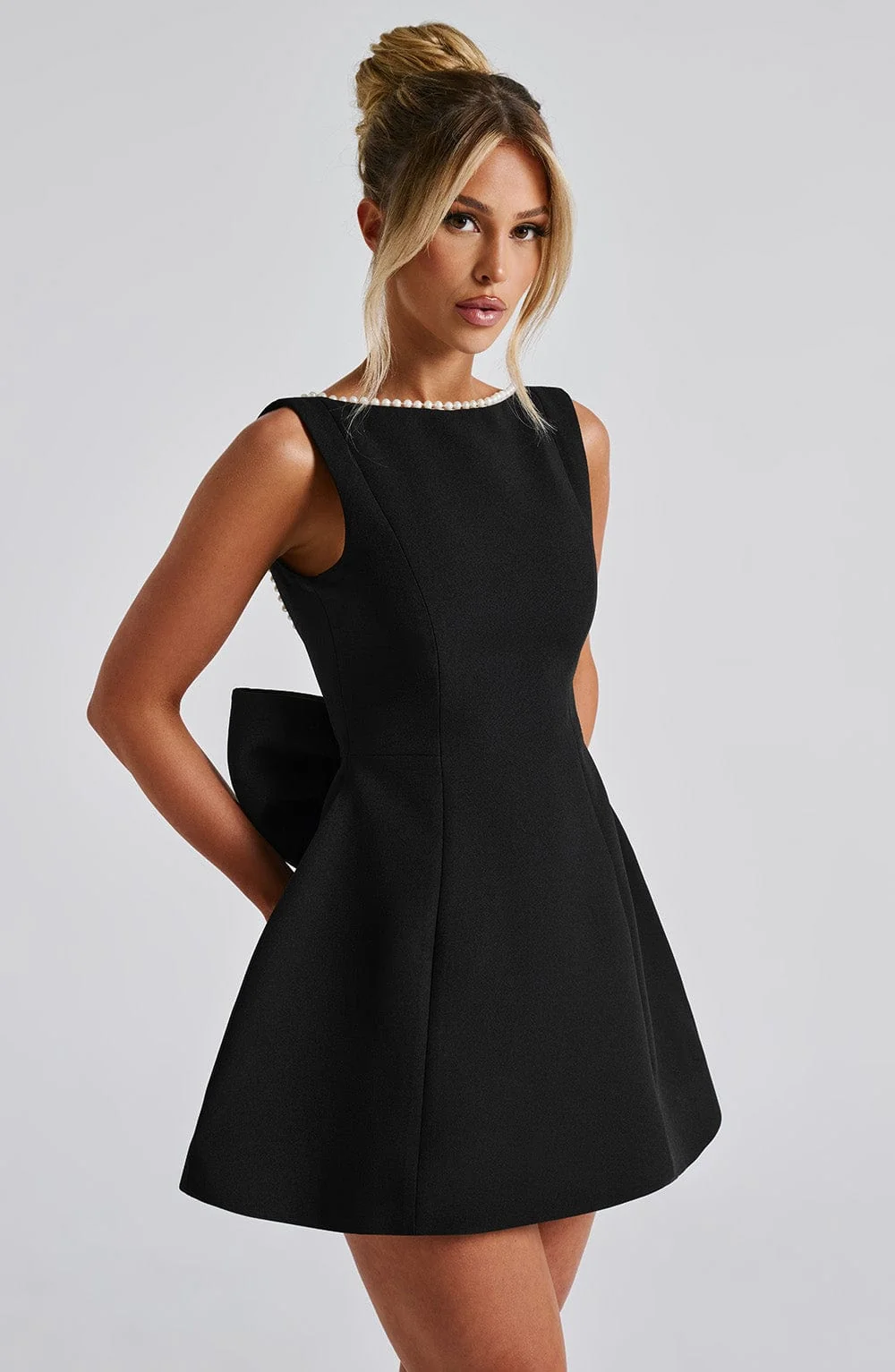Black Crepe Mini Dress with Pearl Embellishments